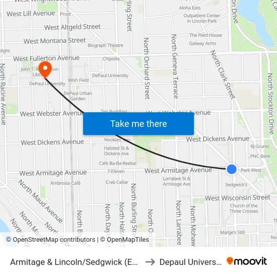 Armitage & Lincoln/Sedgwick (East) to Depaul University map