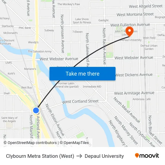 Clybourn Metra Station (West) to Depaul University map