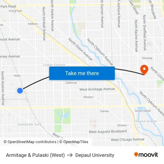Armitage & Pulaski (West) to Depaul University map