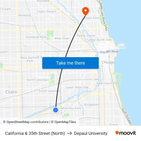 California & 35th Street (North) to Depaul University map