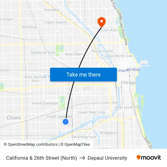 California & 26th Street (North) to Depaul University map