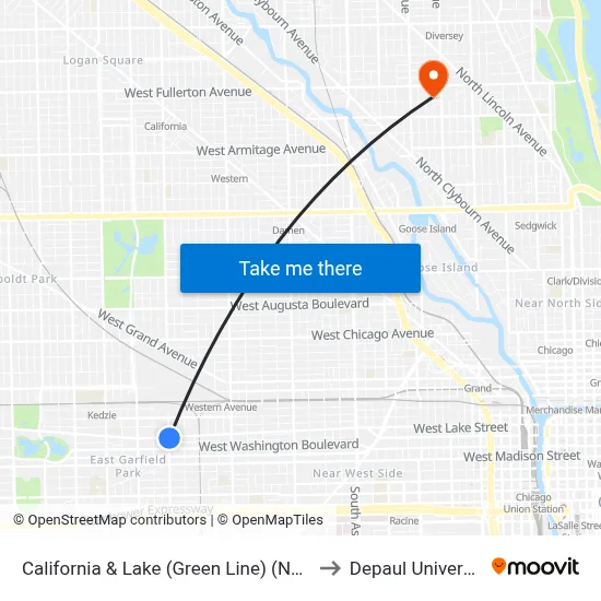 California & Lake (Green Line) (North) to Depaul University map