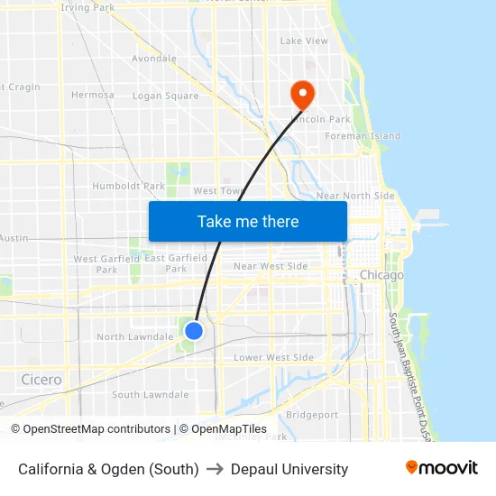 California & Ogden (South) to Depaul University map