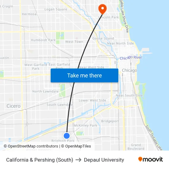 California & Pershing (South) to Depaul University map