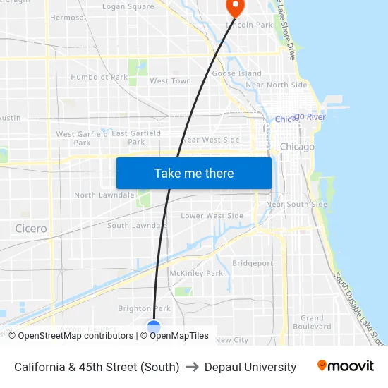 California & 45th Street (South) to Depaul University map