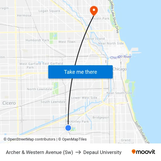 Archer & Western Avenue (Sw) to Depaul University map