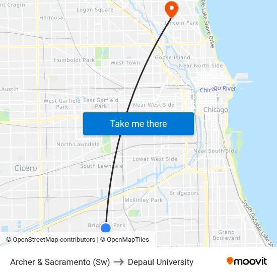 Archer & Sacramento (Sw) to Depaul University map