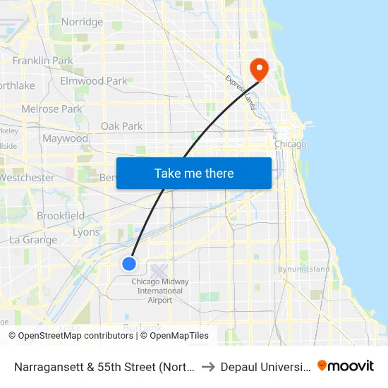 Narragansett & 55th Street (North) to Depaul University map