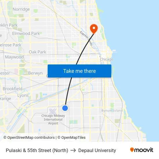 Pulaski & 55th Street (North) to Depaul University map