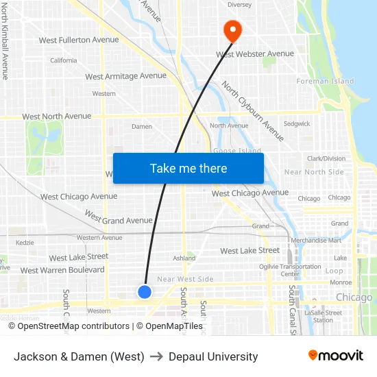 Jackson & Damen (West) to Depaul University map