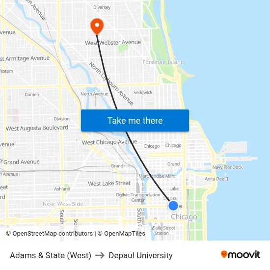 Adams & State (West) to Depaul University map
