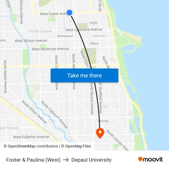 Foster & Paulina (West) to Depaul University map