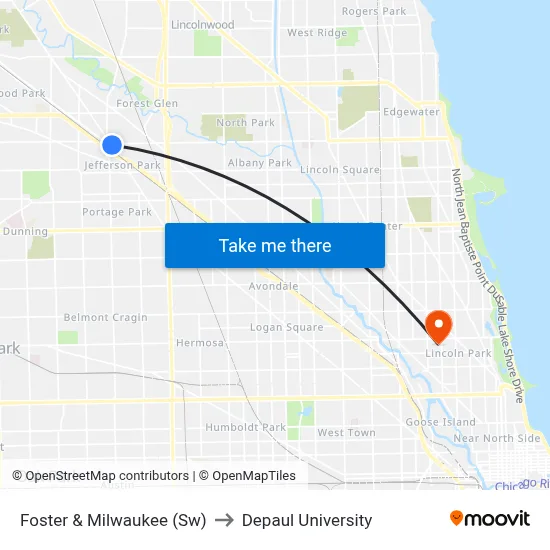 Foster & Milwaukee (Sw) to Depaul University map