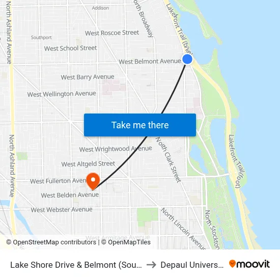Lake Shore Drive & Belmont (South) to Depaul University map