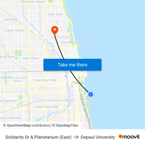 Solidarity Dr & Planetarium (East) to Depaul University map