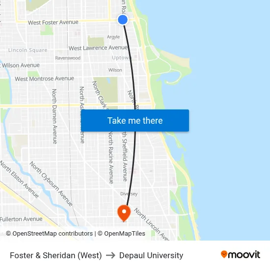 Foster & Sheridan (West) to Depaul University map