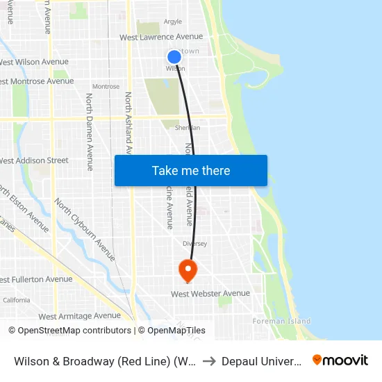 Wilson & Broadway (Red Line) (West) to Depaul University map
