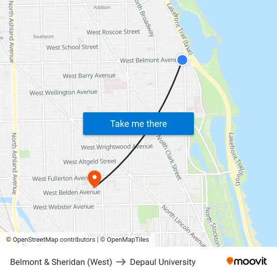 Belmont & Sheridan (West) to Depaul University map