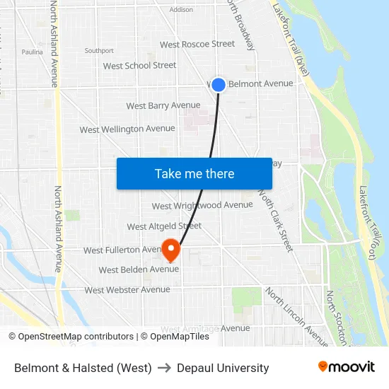 Belmont & Halsted (West) to Depaul University map