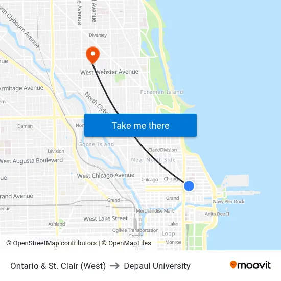 Ontario & St. Clair (West) to Depaul University map
