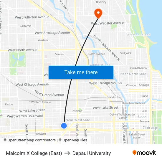 Malcolm X College (East) to Depaul University map