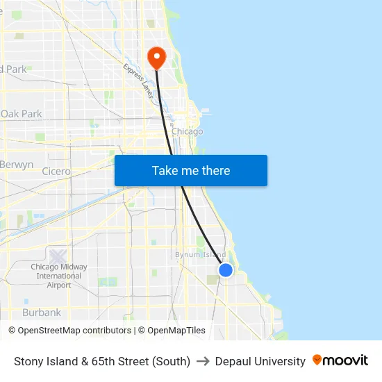 Stony Island & 65th Street (South) to Depaul University map