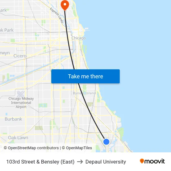 103rd Street & Bensley (East) to Depaul University map