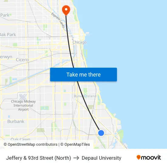 Jeffery & 93rd Street (North) to Depaul University map