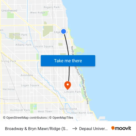 Broadway & Bryn Mawr/Ridge (South) to Depaul University map