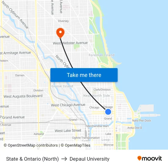 State & Ontario (North) to Depaul University map