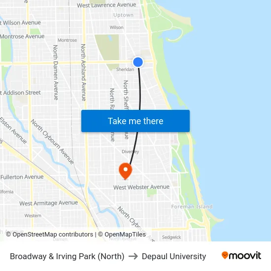 Broadway & Irving Park (North) to Depaul University map