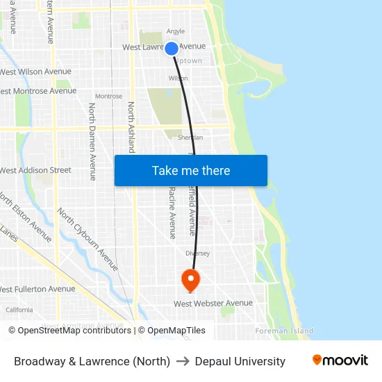 Broadway & Lawrence (North) to Depaul University map