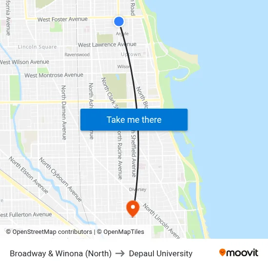 Broadway & Winona (North) to Depaul University map