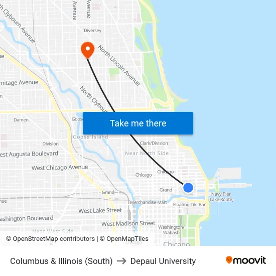 Columbus & Illinois (South) to Depaul University map