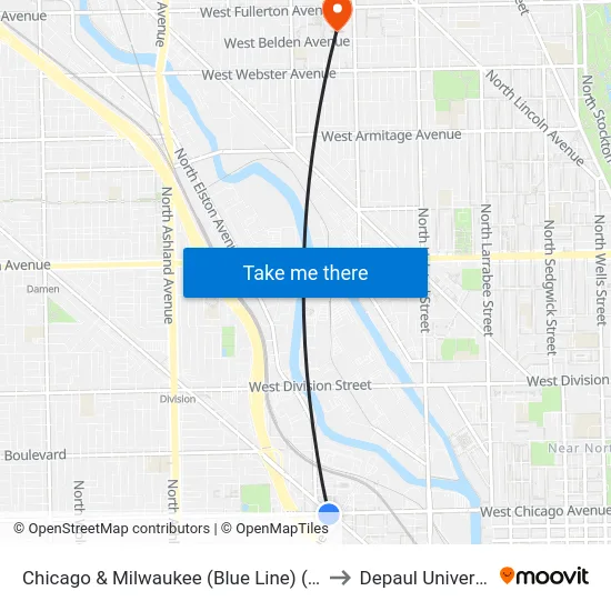 Chicago & Milwaukee (Blue Line) (East) to Depaul University map