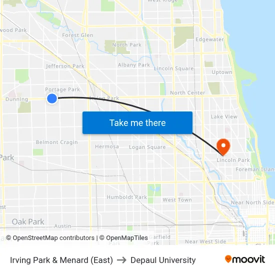 Irving Park & Menard (East) to Depaul University map