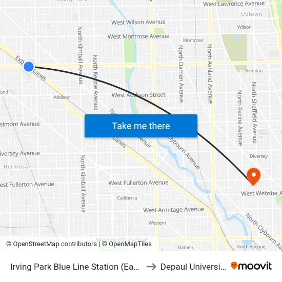 Irving Park Blue Line Station (East) to Depaul University map