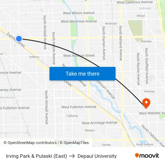 Irving Park & Pulaski (East) to Depaul University map