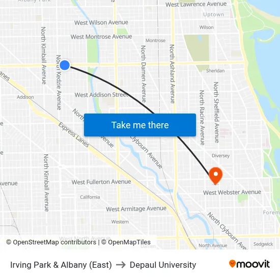Irving Park & Albany (East) to Depaul University map