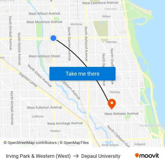 Irving Park & Western (West) to Depaul University map