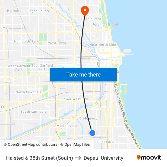 Halsted & 38th Street (South) to Depaul University map