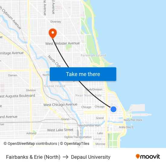 Fairbanks & Erie (North) to Depaul University map