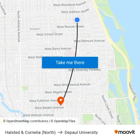 Halsted & Cornelia (North) to Depaul University map