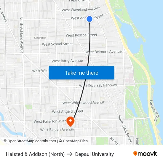 Halsted & Addison (North) to Depaul University map
