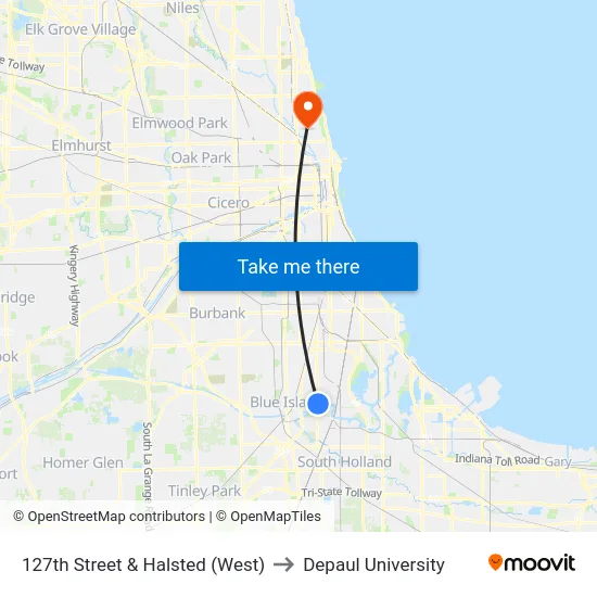 127th Street & Halsted (West) to Depaul University map