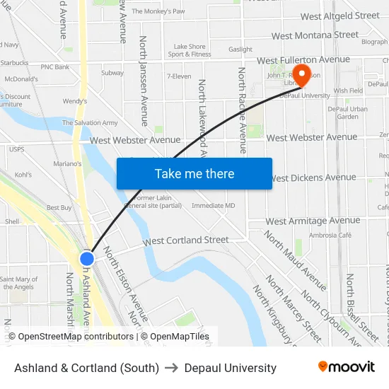 Ashland & Cortland (South) to Depaul University map
