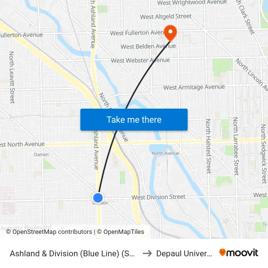 Ashland & Division (Blue Line) (South) to Depaul University map