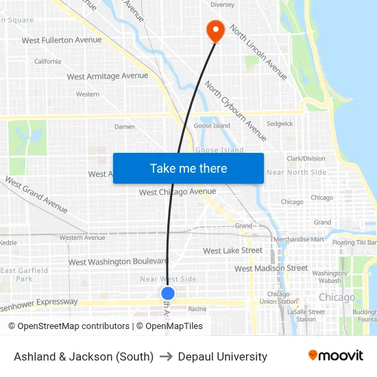Ashland & Jackson (South) to Depaul University map