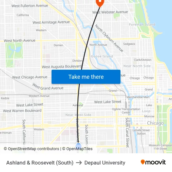 Ashland & Roosevelt (South) to Depaul University map