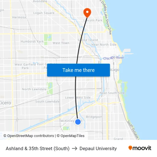 Ashland & 35th Street (South) to Depaul University map